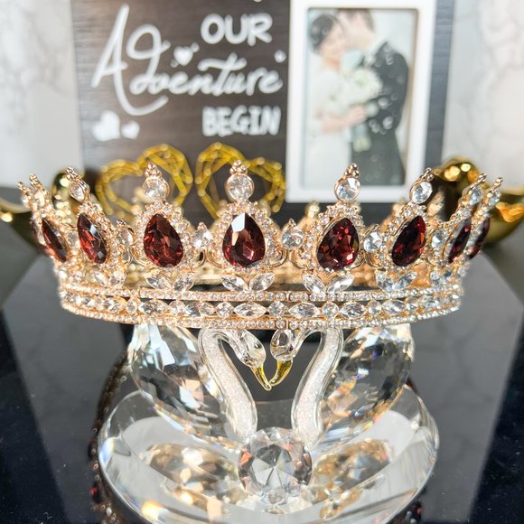 Royal Queen Crown for Women, Wine Red Crystal Wedding Crown, Prom Party XL Crown - Picture 5 of 5